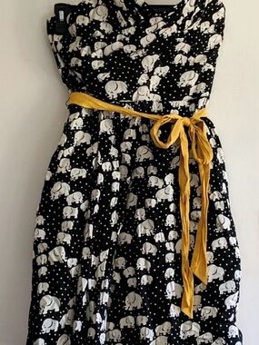 Anthropologie Black and White Elephant Print Sundress with Yellow Sash